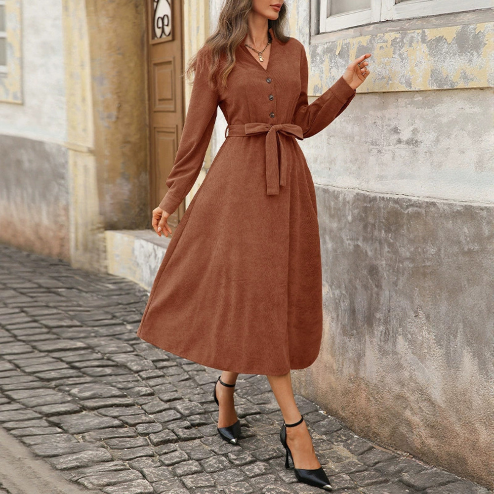 Corduroy Long Sleeve Midi Dress Casual Fall
